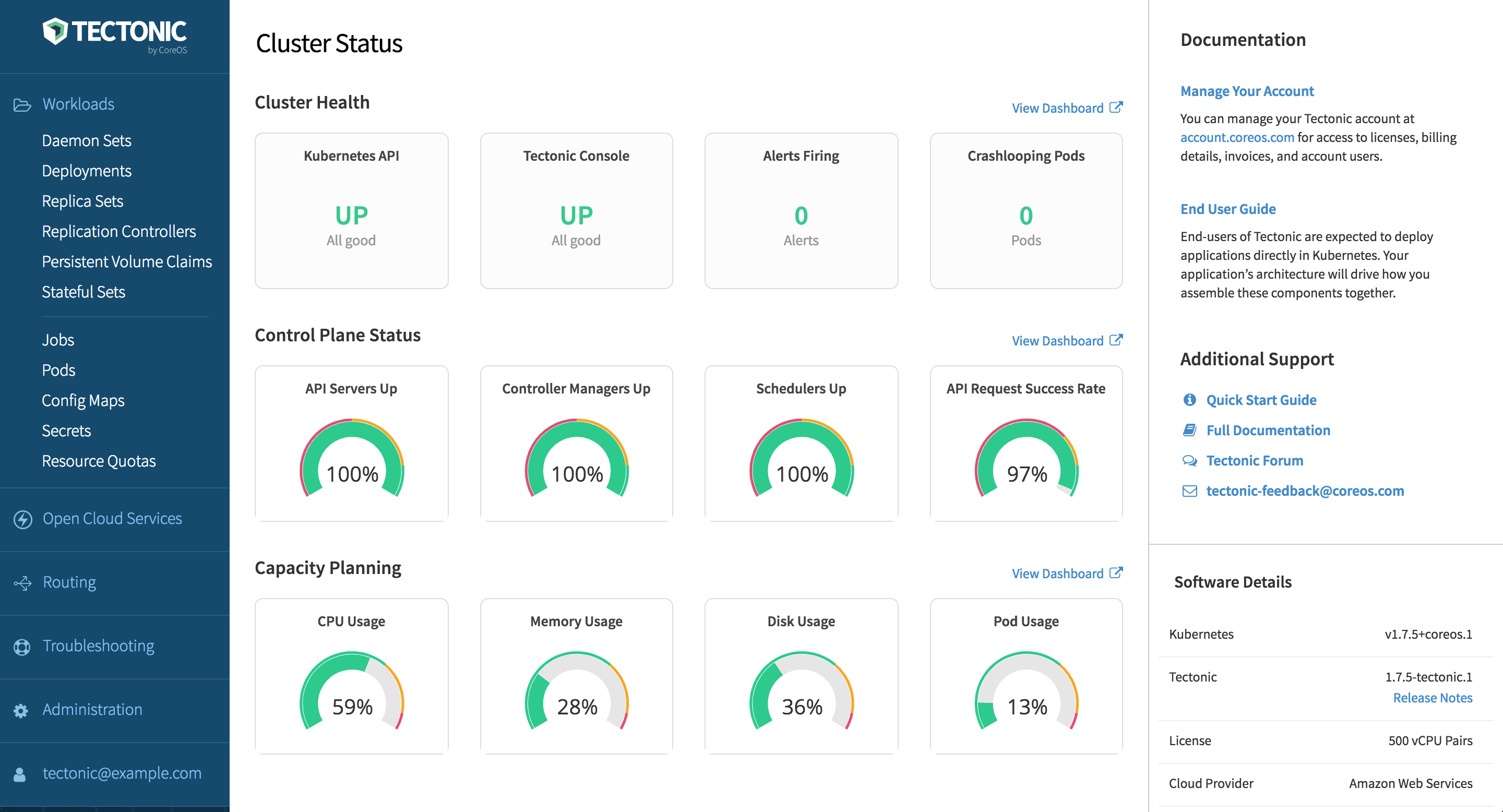 Screenshot of cluster status overview in Tectonic 1.7.5