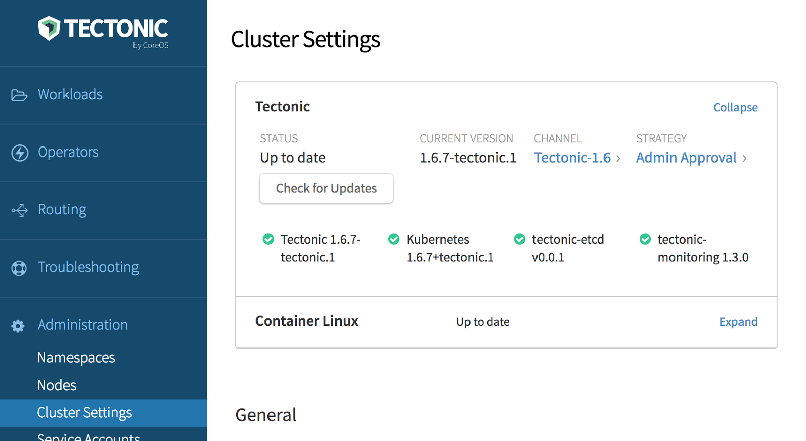 Cluster settings in the Tectonic console