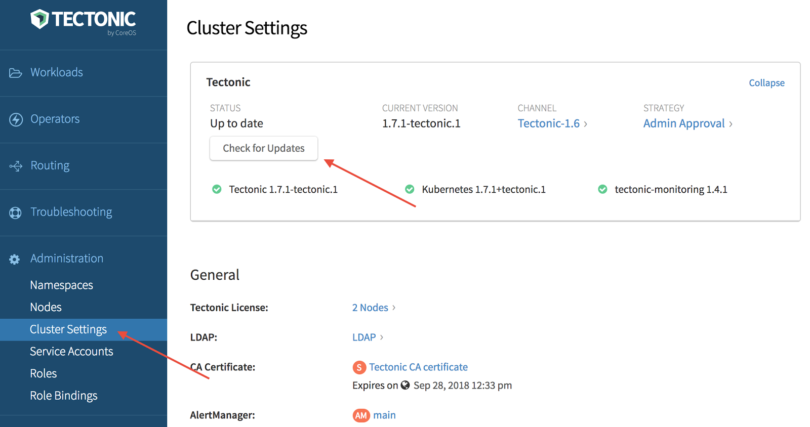 Screenshot showing how to check Tectonic versions and perform an update