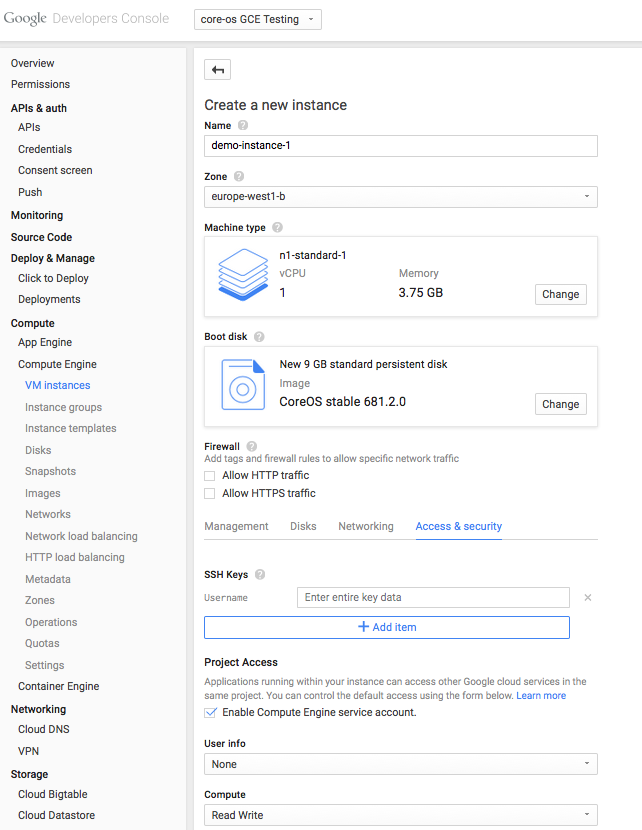 Security settings for a new instance