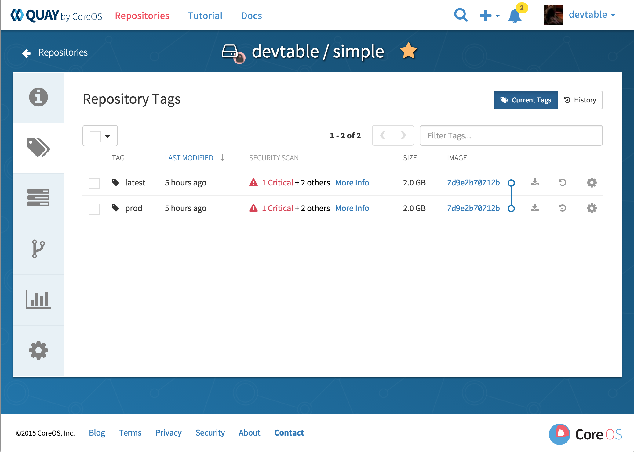 Repository tags with critical vulnerablitly