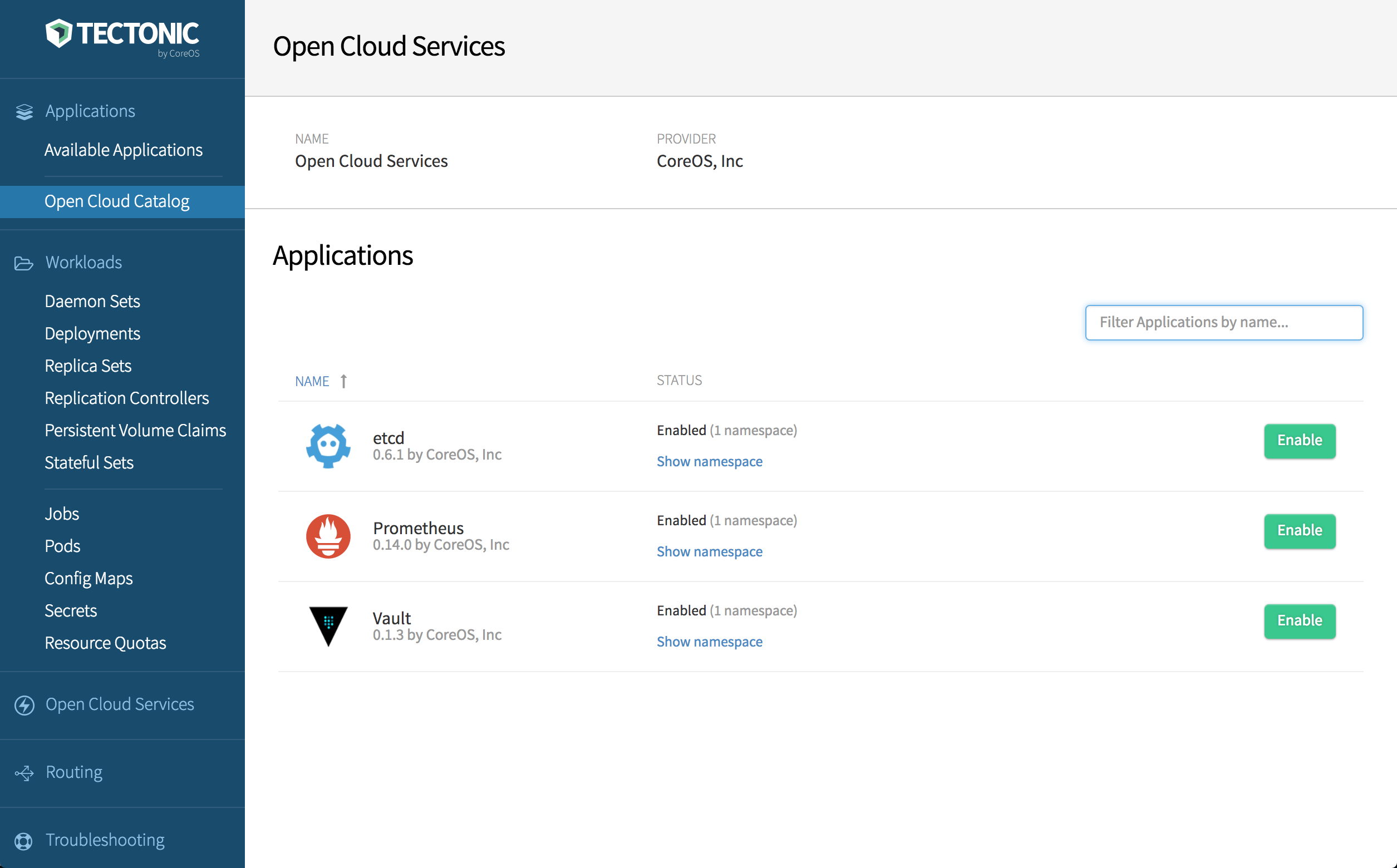 Screenshot of the CoreOS Tectonic Open Cloud Services Catalog