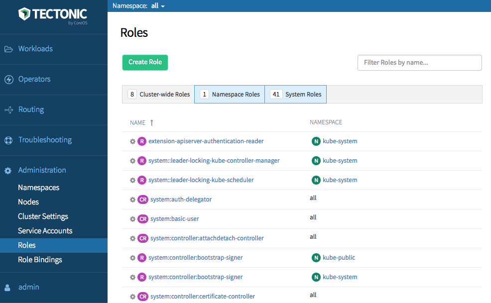 Screenshot showing RBAC administration via the Tectonic Console